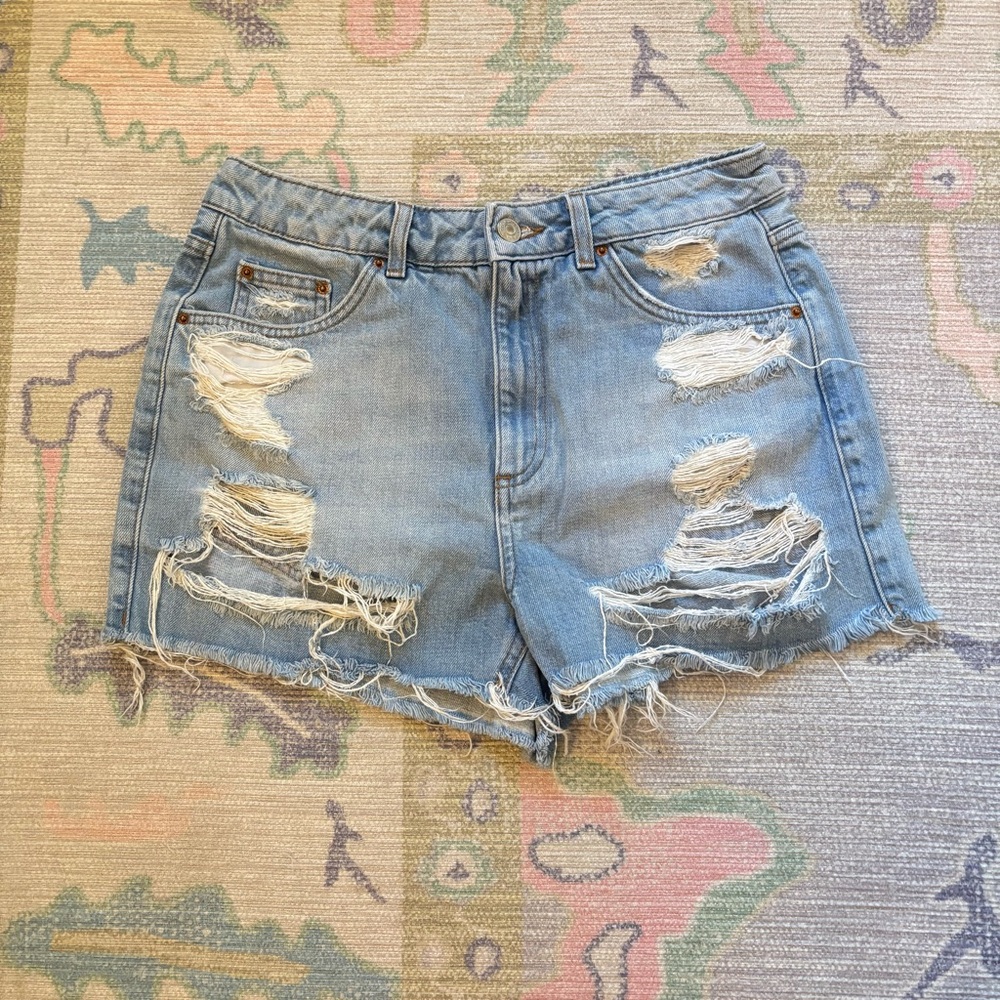 Topshop Distressed Medium Wash Denim Shorts